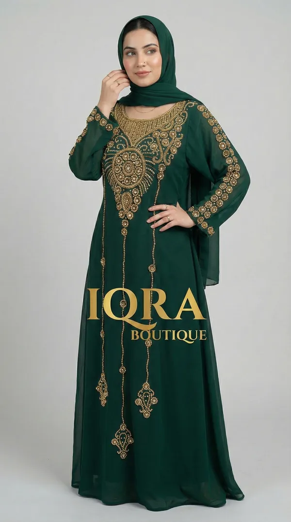 Bottle_Green_Georgette_Gown_With_Hijab_For_Women