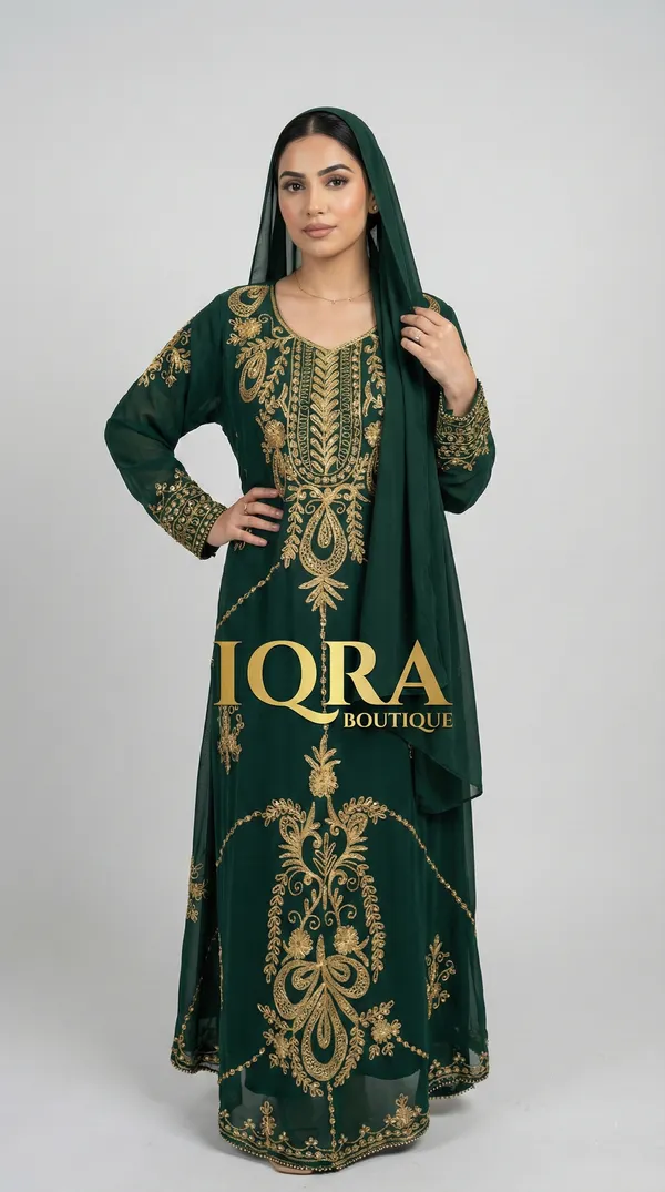 Bottle_Green_Georgette_Abaya_Set_For_Women