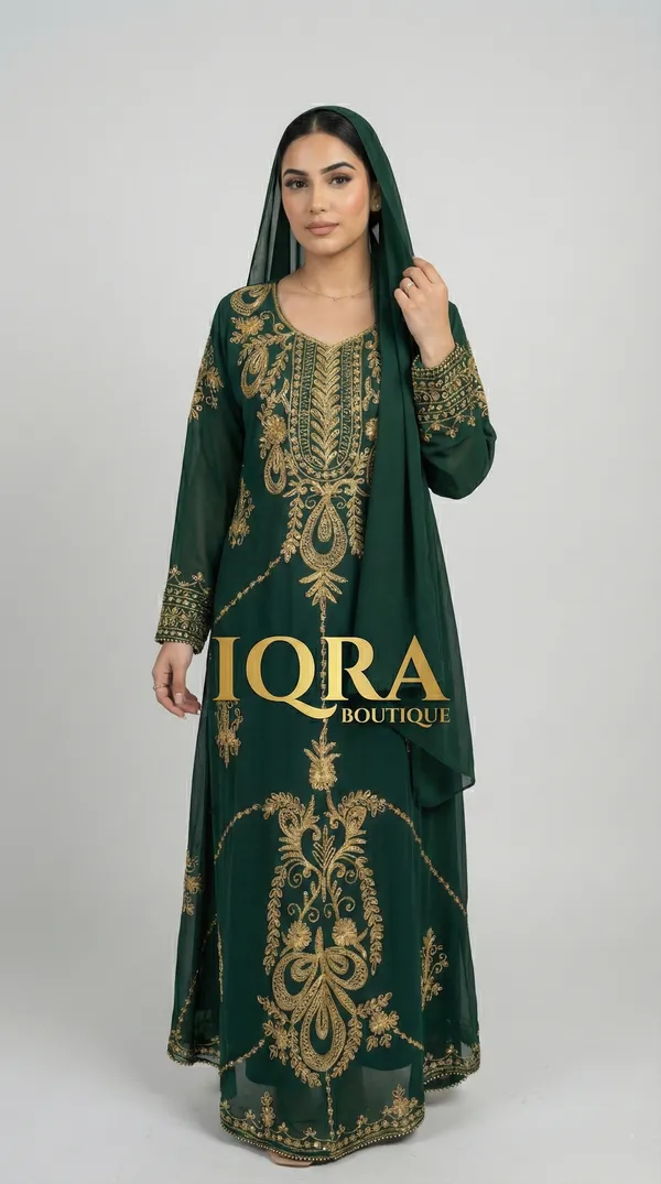 Bottle_Green_Georgette_Abaya_Set_For_Women