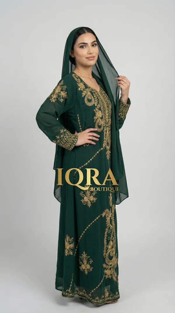 Bottle_Green_Georgette_Abaya_Set_For_Women