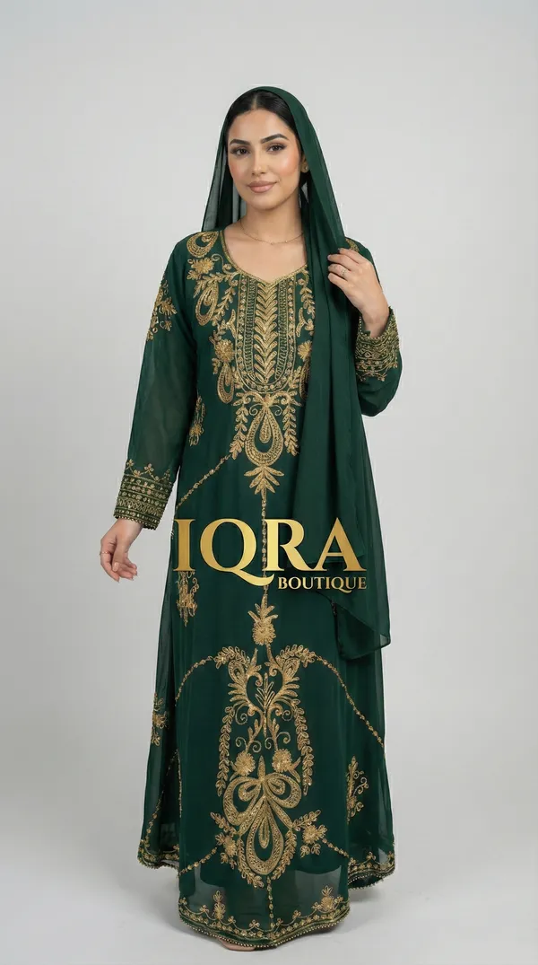Bottle_Green_Georgette_Abaya_Set_For_Women