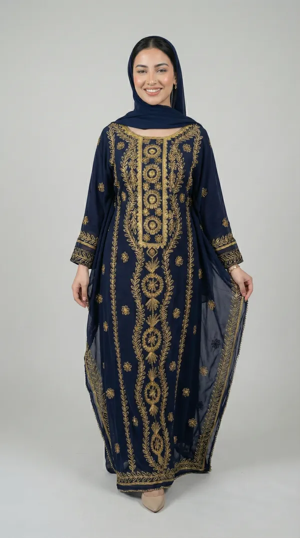 Navy_Blue_Georgette_Kaftan_Abaya_Set_For_Women