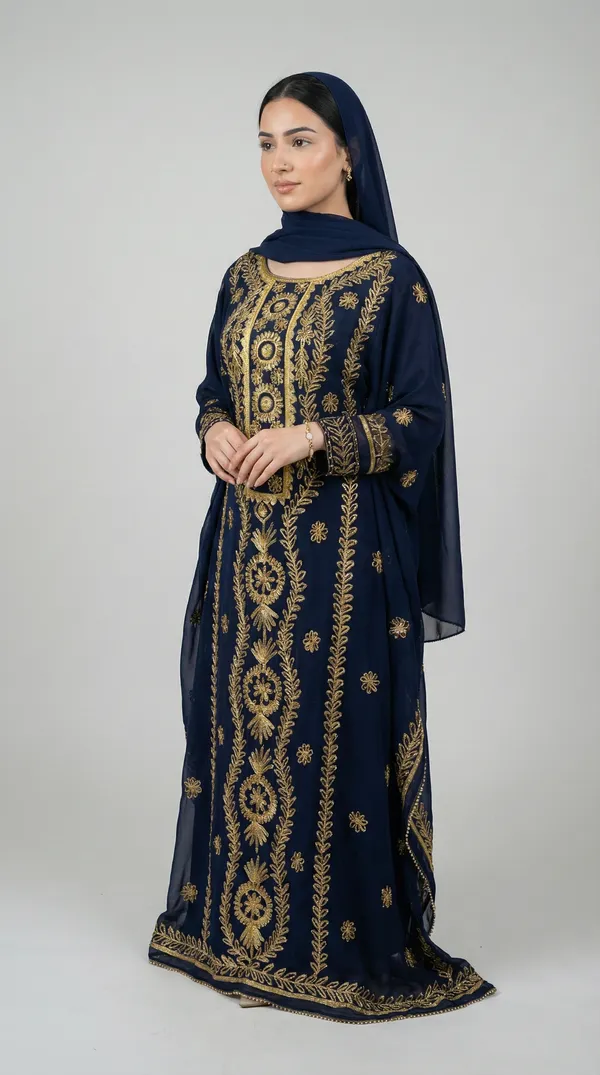 Navy_Blue_Georgette_Kaftan_Abaya_Set_For_Women
