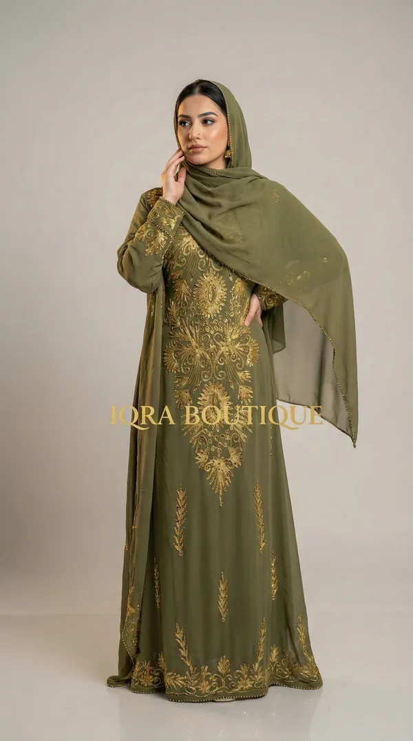 Olive_Green_Georgette_Kaftan_Abaya_Set_For_Women