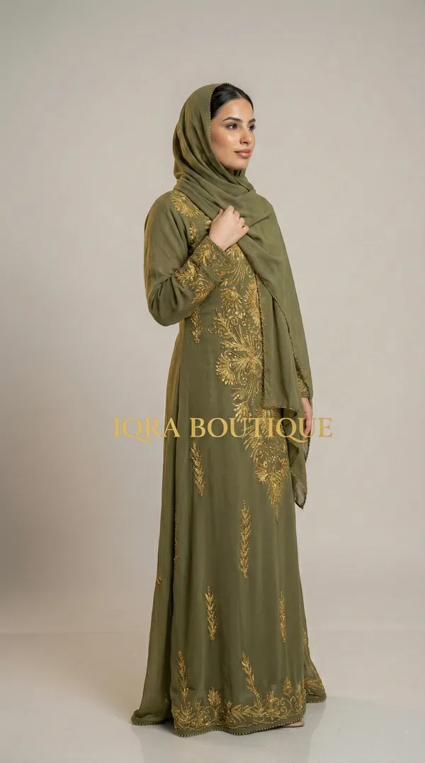 Olive_Green_Georgette_Kaftan_Abaya_Set_For_Women