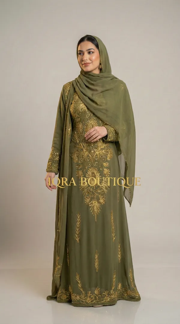 Olive_Green_Georgette_Kaftan_Abaya_Set_For_Women
