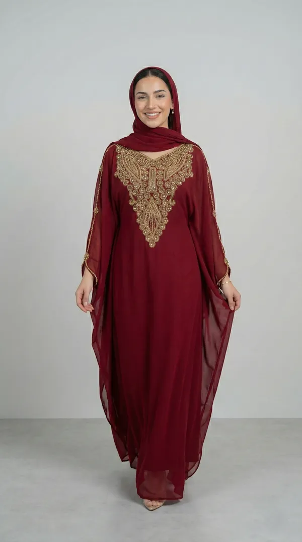 Maroon_Georgette_Kaftan_Abaya_Set_For_Women