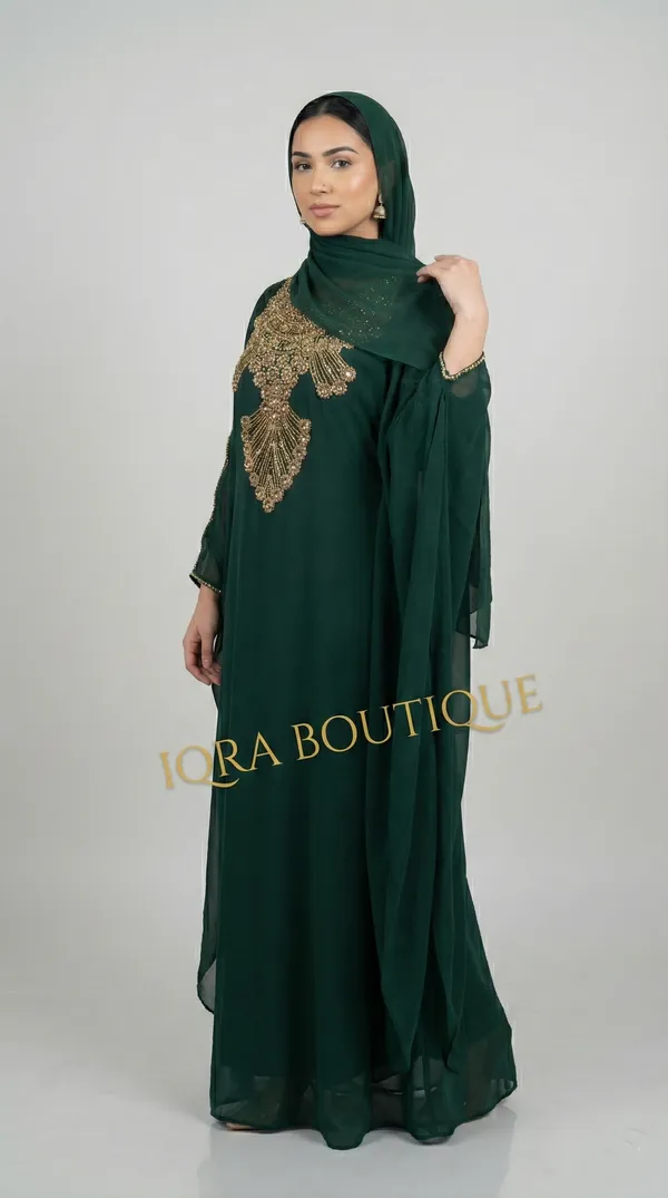 Bottle_Green_Georgette_Abaya_Set_With_Matching_Hijab_For_Women