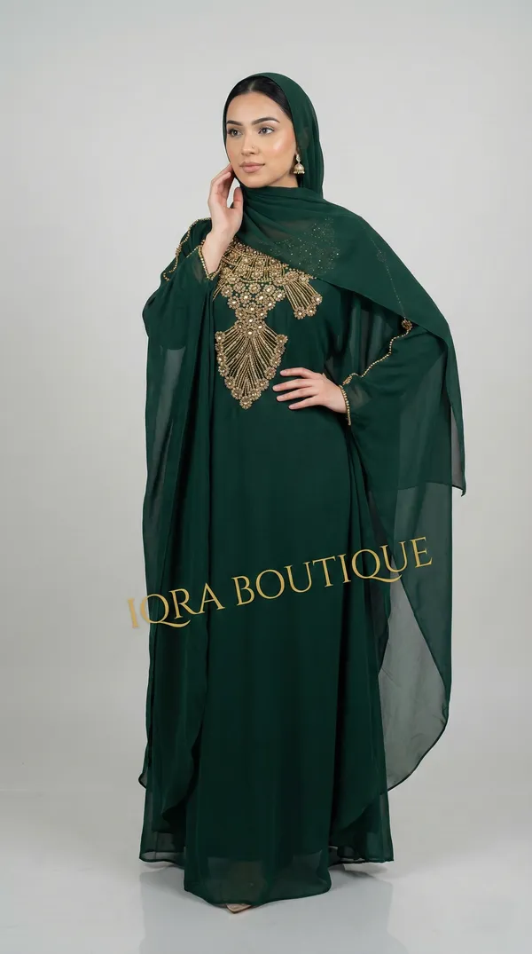 Bottle_Green_Georgette_Abaya_Set_With_Matching_Hijab_For_Women