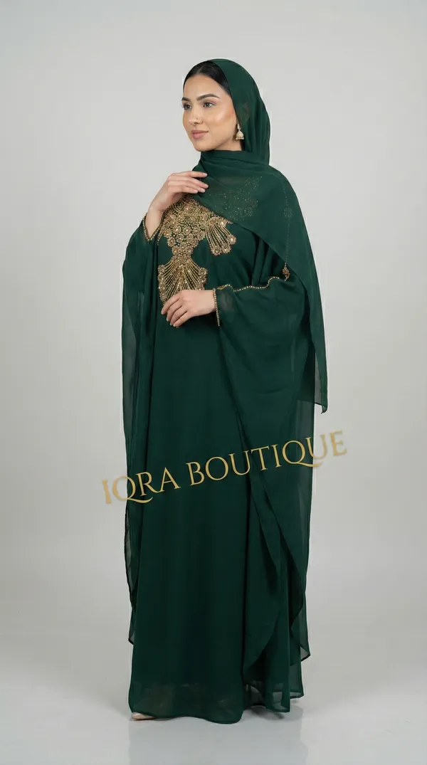 Bottle_Green_Georgette_Abaya_Set_With_Matching_Hijab_For_Women