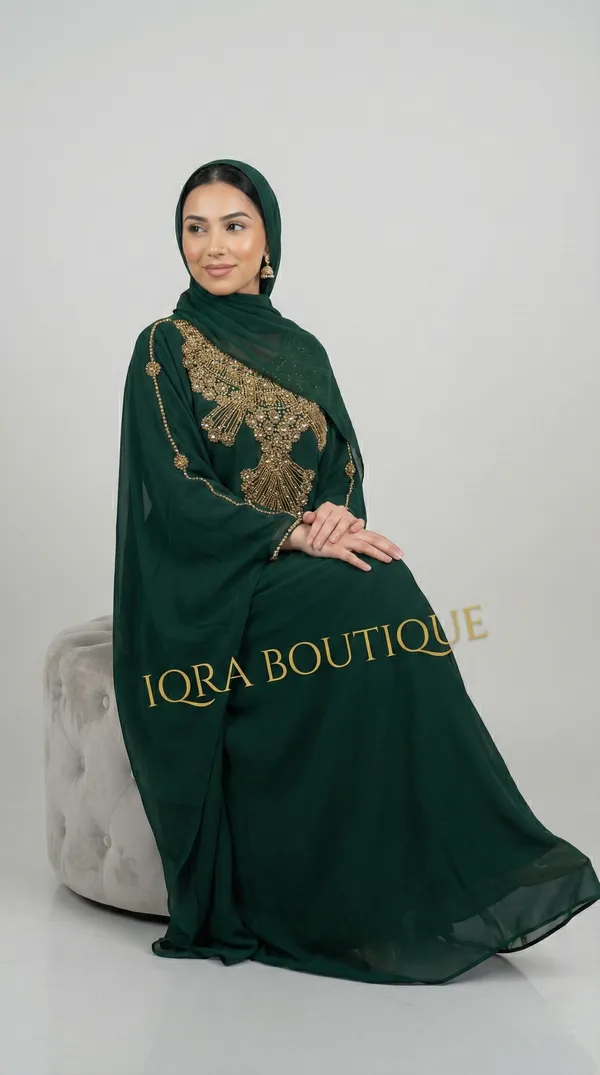 Bottle_Green_Georgette_Abaya_Set_With_Matching_Hijab_For_Women