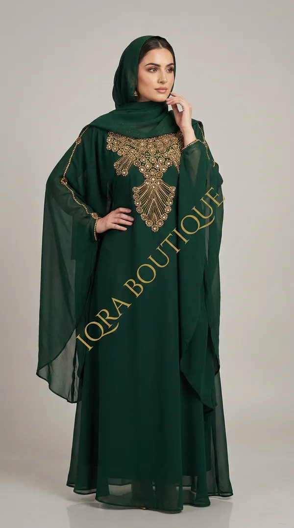 Bottle_Green_Georgette_Abaya_Set_With_Matching_Hijab_For_Women