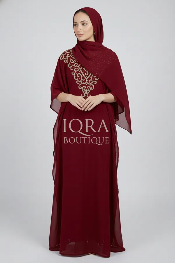 Maroon_Georgette_Abaya_Set_With_Hijab_For_Women