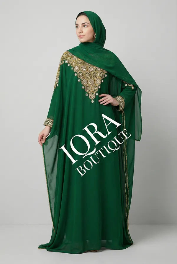 Green_Georgette_Kaftan_Abaya_With_Hijab_For_Women