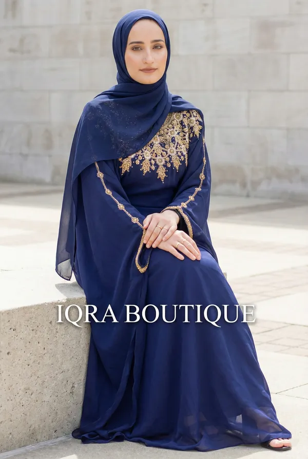 Navy_Blue_Georgette_Abaya_Set_With_Matching_Hijab_For_Women
