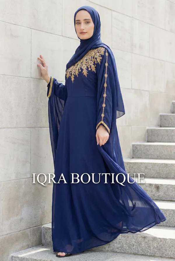 Navy_Blue_Georgette_Abaya_Set_With_Matching_Hijab_For_Women