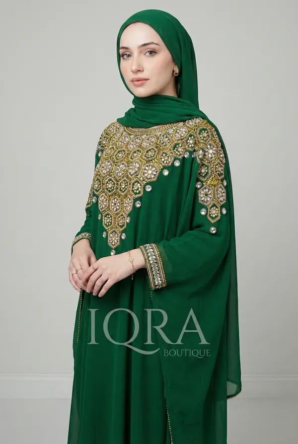 Green_Georgette_Kaftan_Abaya_With_Hijab_For_Women