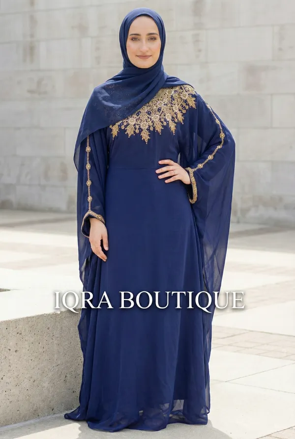 Navy_Blue_Georgette_Abaya_Set_With_Matching_Hijab_For_Women