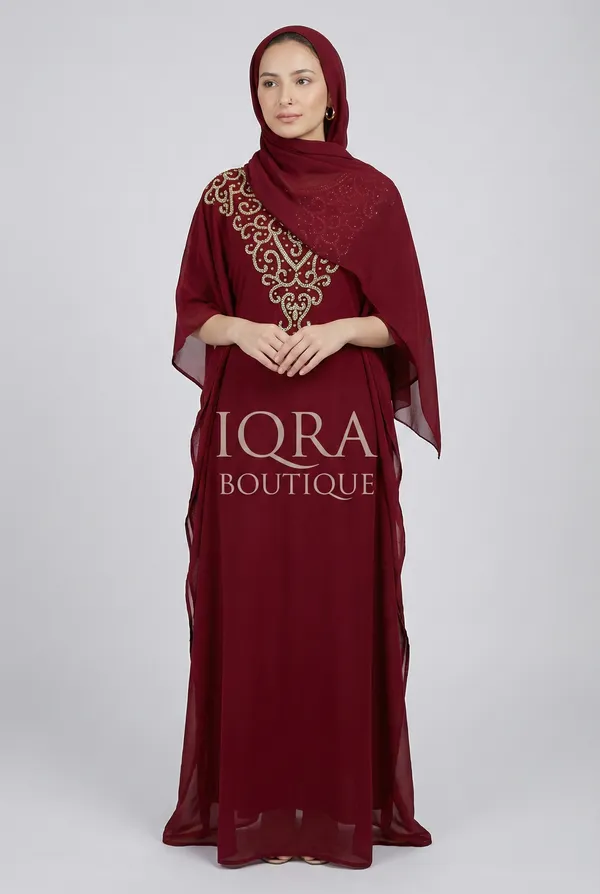 Maroon_Georgette_Abaya_Set_With_Hijab_For_Women