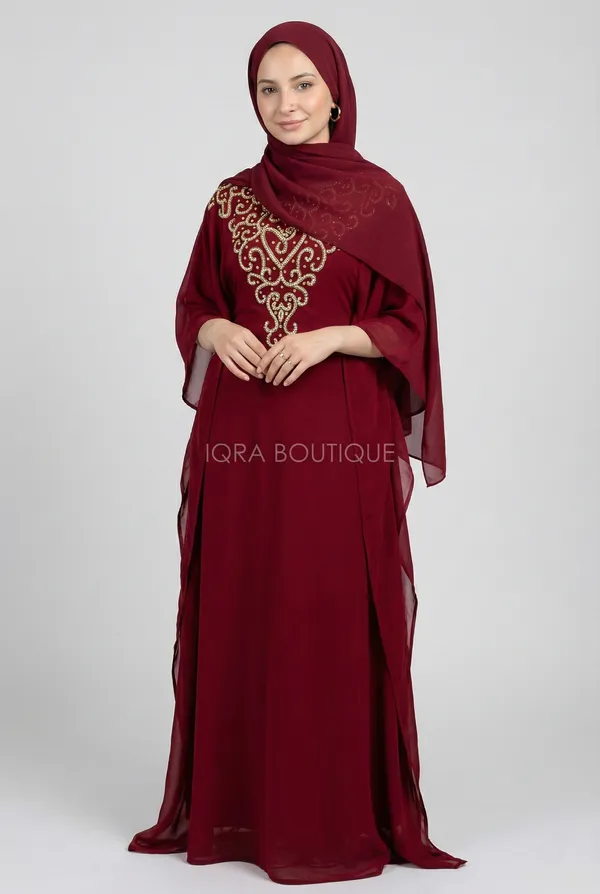 Maroon_Georgette_Abaya_Set_With_Hijab_For_Women