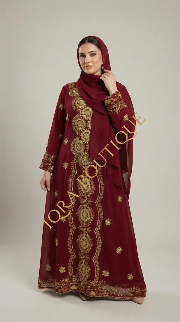 Maroon_Georgette_Abaya_Set_With_Hijab_For_Women