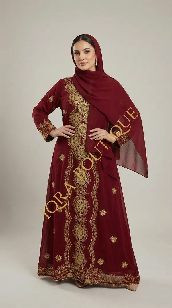 Maroon_Georgette_Abaya_Set_With_Hijab_For_Women