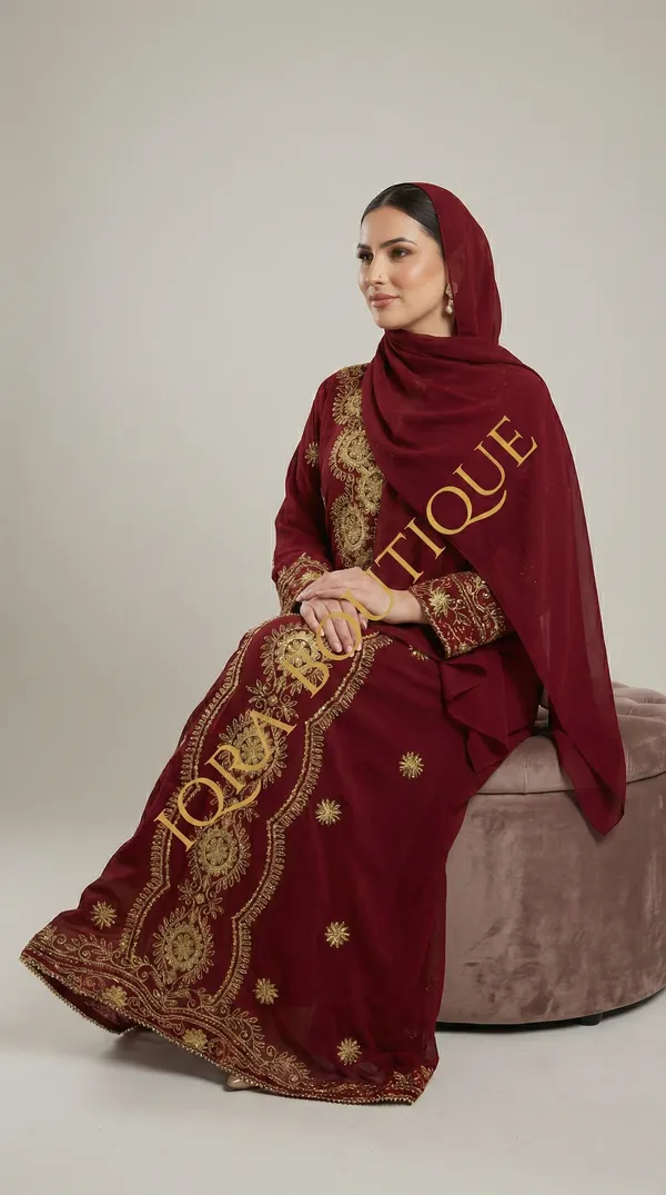Maroon_Georgette_Abaya_Set_With_Hijab_For_Women