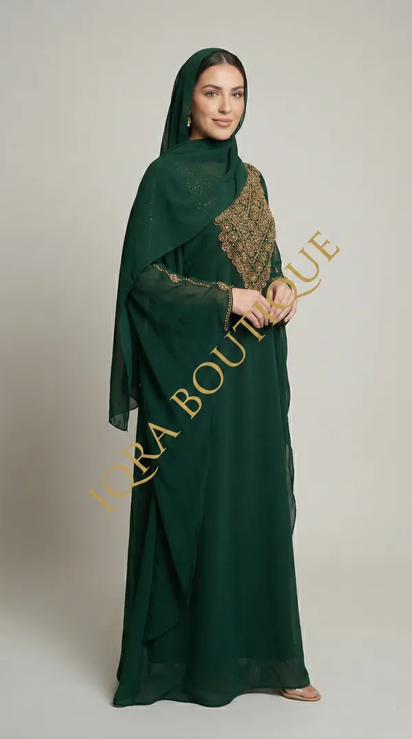 Bottle_Green_Georgette_Kaftan_Abaya_Set_For_Women