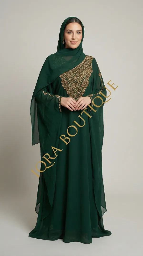 Bottle_Green_Georgette_Kaftan_Abaya_Set_For_Women