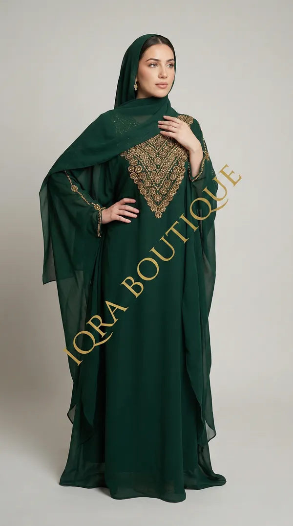Bottle_Green_Georgette_Kaftan_Abaya_Set_For_Women