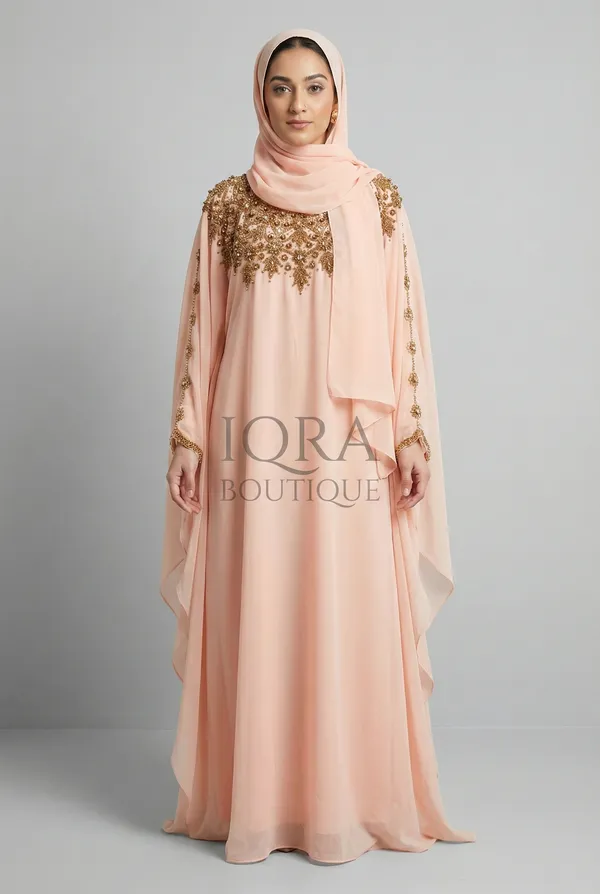 Peach_Georgette_Kaftan_Abaya_With_Matching_Hijab_For_Women