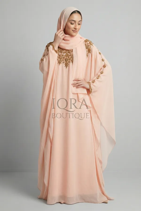 Peach_Georgette_Kaftan_Abaya_With_Matching_Hijab_For_Women