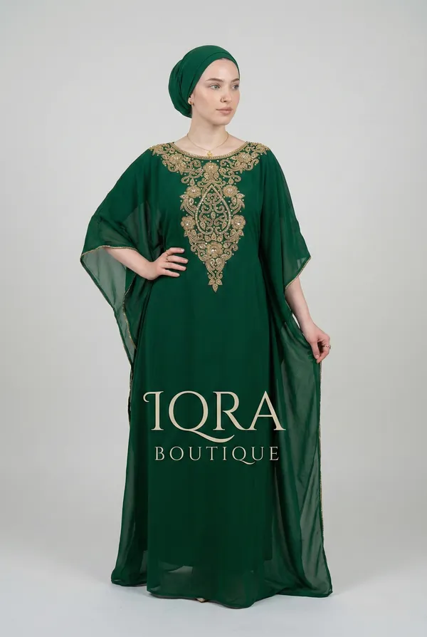Bottle_Green_Georgette_Kaftan_Abaya_Set_For_Women