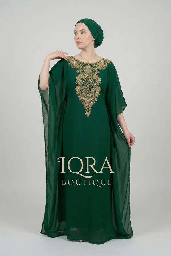 Bottle_Green_Georgette_Kaftan_Abaya_Set_For_Women