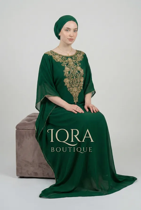 Bottle_Green_Georgette_Kaftan_Abaya_Set_For_Women