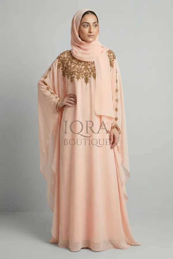 Peach_Georgette_Kaftan_Abaya_With_Matching_Hijab_For_Women