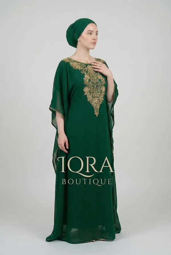 Bottle_Green_Georgette_Kaftan_Abaya_Set_For_Women