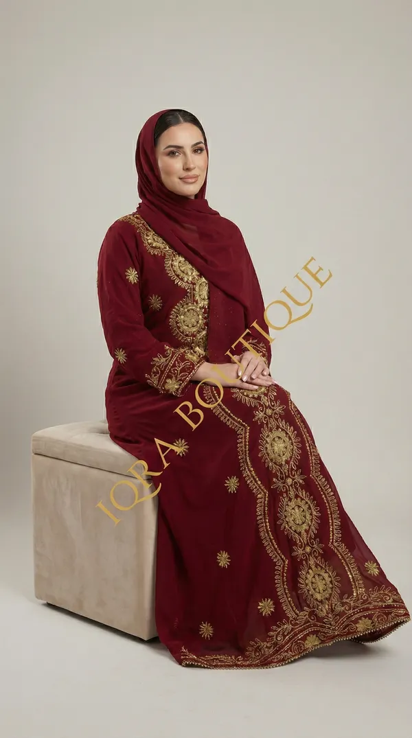 Maroon_Georgette_Abaya_Set_With_Hijab_For_Women