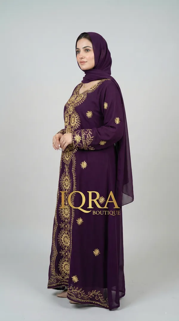 Burgundy_Georgette_Abaya_Set_With_Matching_Hijab_For_Women