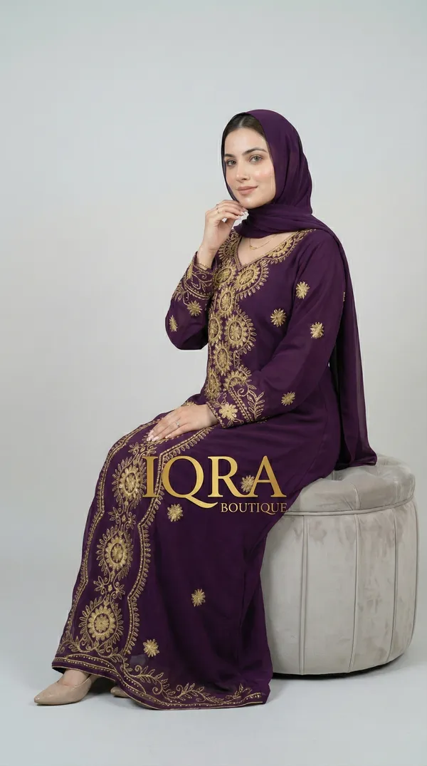 Burgundy_Georgette_Abaya_Set_With_Matching_Hijab_For_Women