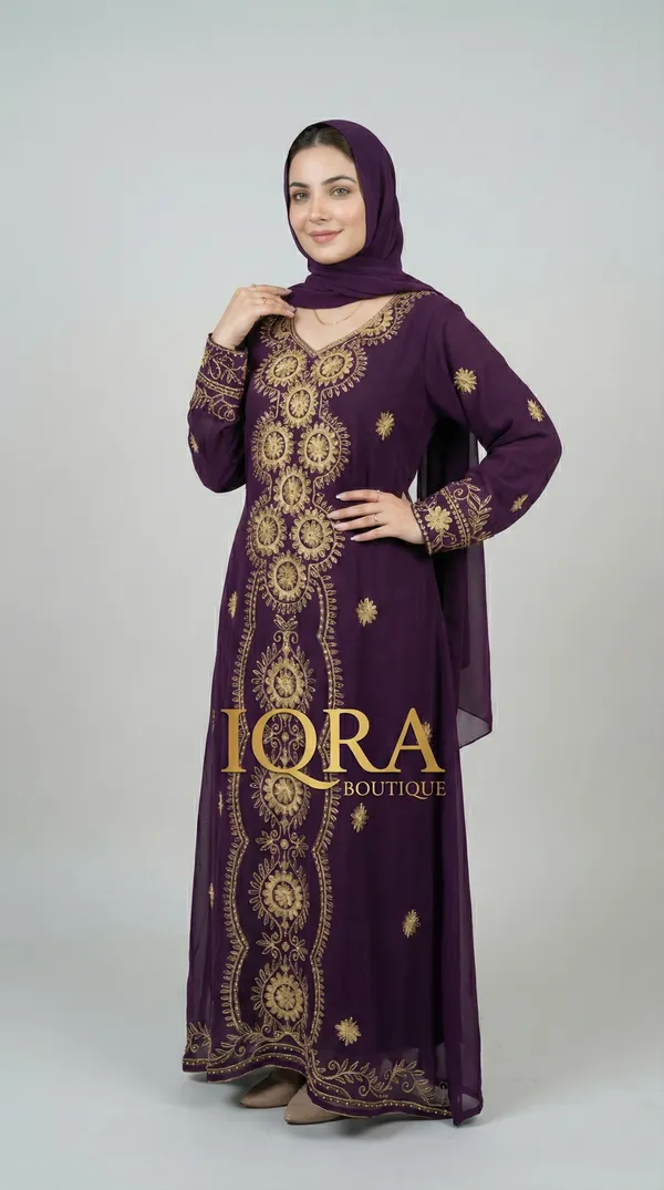 Burgundy_Georgette_Abaya_Set_With_Matching_Hijab_For_Women