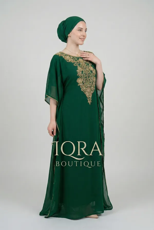 Bottle_Green_Georgette_Kaftan_Abaya_Set_For_Women