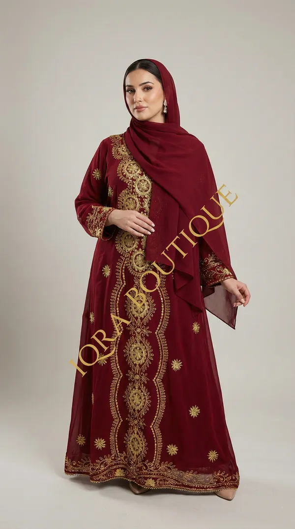 Maroon_Georgette_Abaya_Set_With_Hijab_For_Women