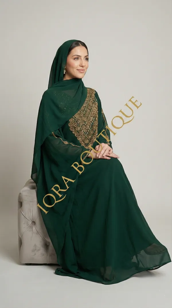Bottle_Green_Georgette_Kaftan_Abaya_Set_For_Women