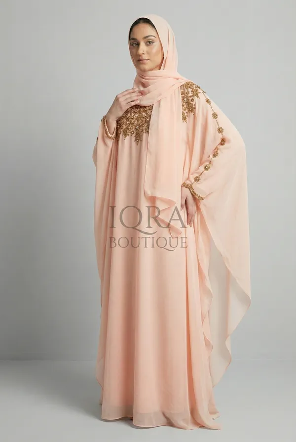 Peach_Georgette_Kaftan_Abaya_With_Matching_Hijab_For_Women