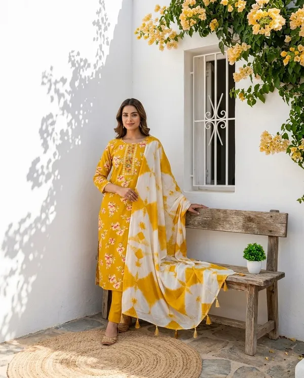 Mustard_Yellow_Floral_Printed_Kurta_Set_with_Tie-Dye_Dupatta