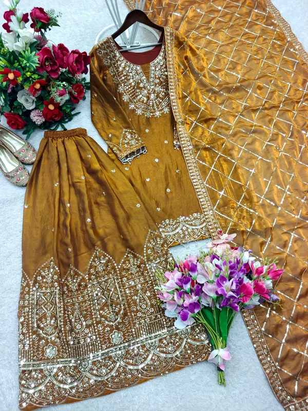 Women's_Embroidered_Fendy_Silk_Sharara_Suit_Set_-_Mustard_Gold_(3-Piece:_Kurta,_Palazzo_&_Dupatta)