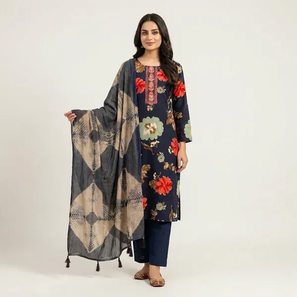 Navy_Blue_Floral_Printed_Kurti_with_Embroidered_Yoke_and_Matching_Dupatta
