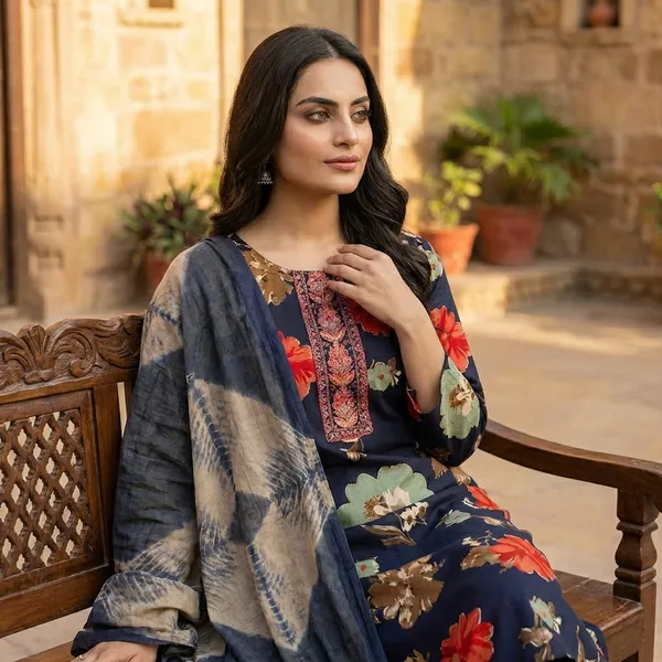 Navy_Blue_Floral_Printed_Kurti_with_Embroidered_Yoke_and_Matching_Dupatta