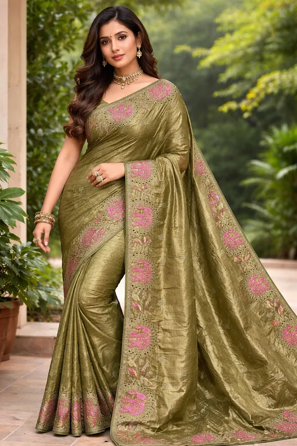 Olive_Green_Silk_Saree_with_Pink_Elephant_Embroidery_and_Sequin_Border